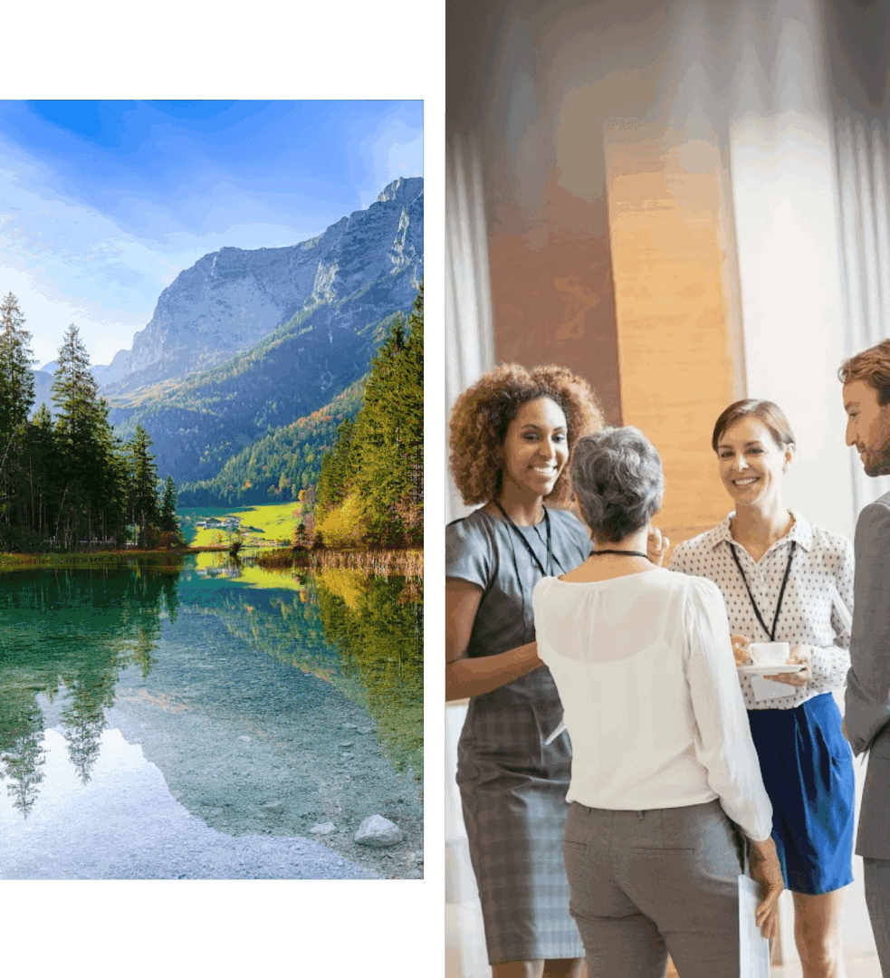 Mountain lake scene; group meeting indoors.