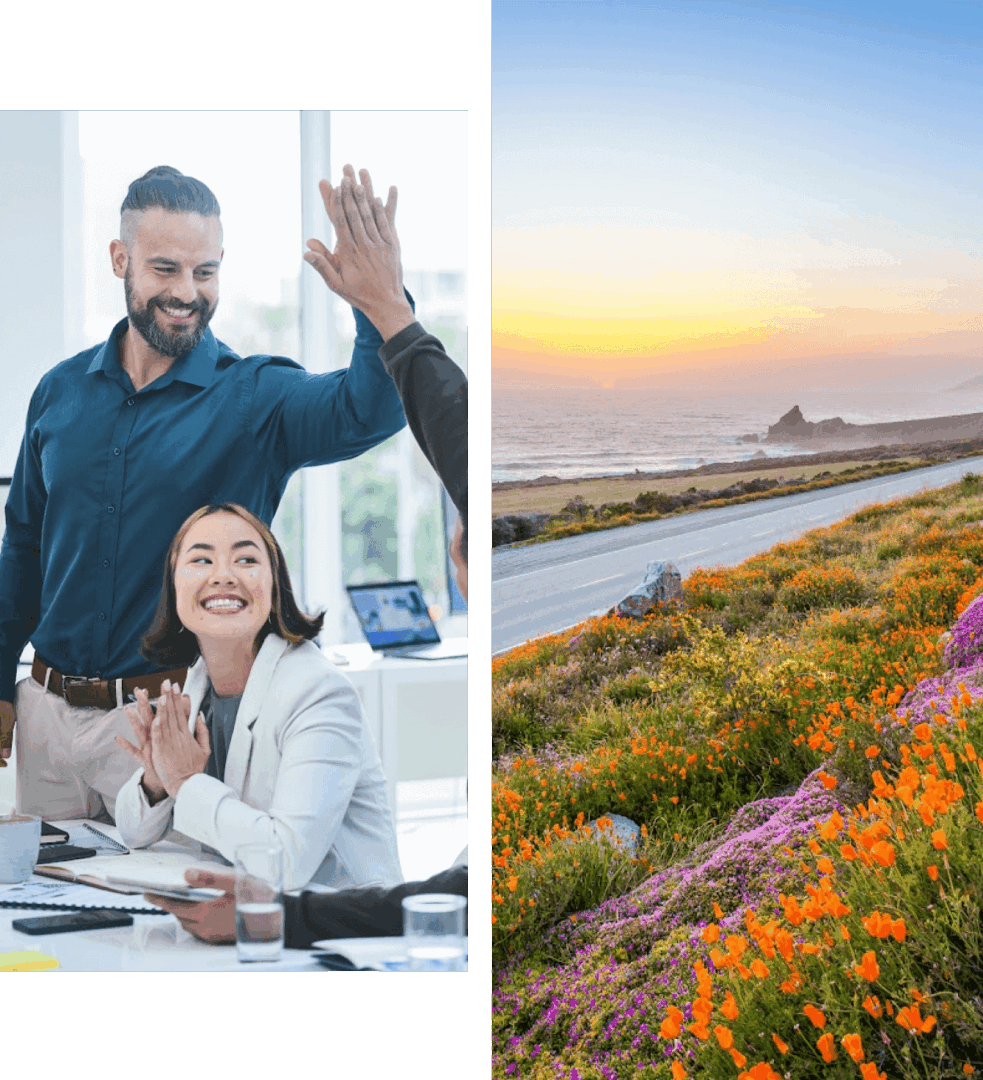 Office celebration and coastal landscape at sunset.