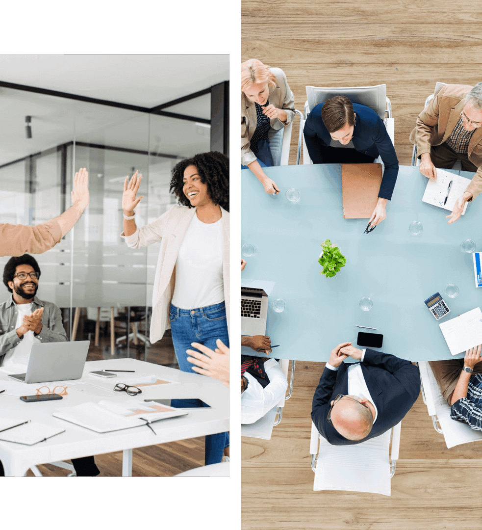 Two office scenes: meeting and high-five.