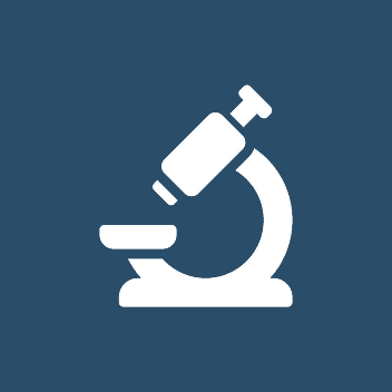 White microscope icon on blue background.