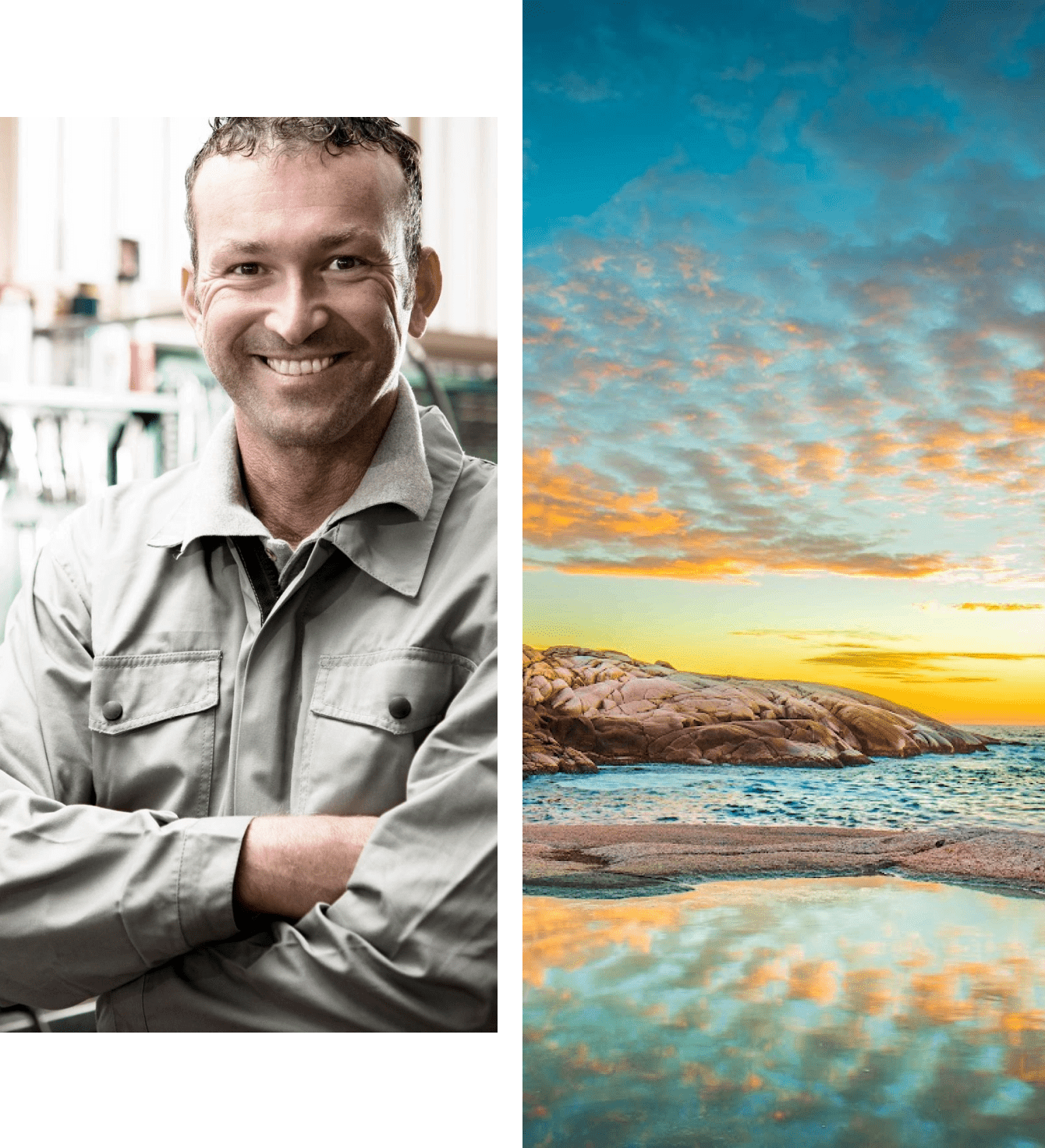 A man standing next to the ocean with sunset in background.